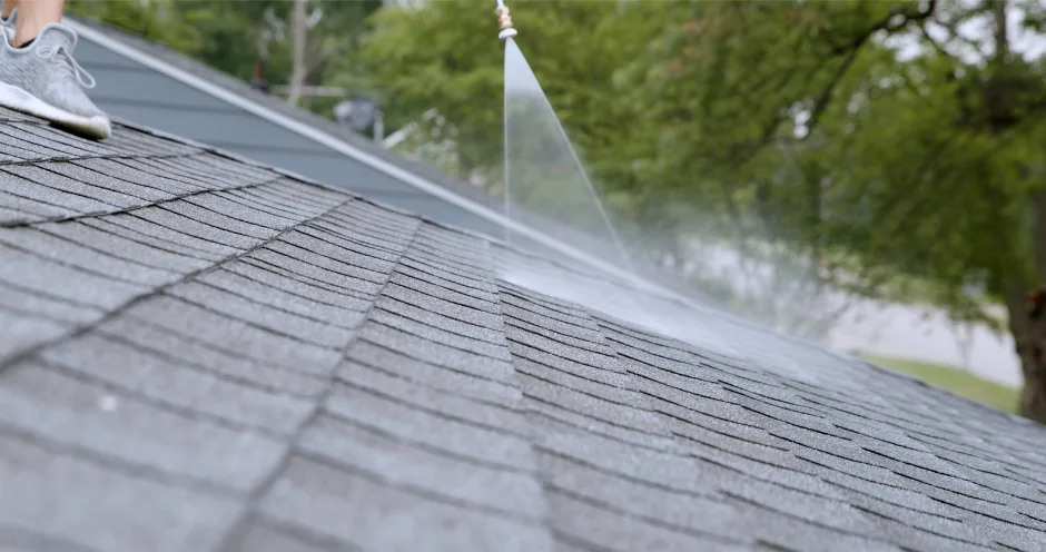 Close view of treatment being sprayed on gray shingles
