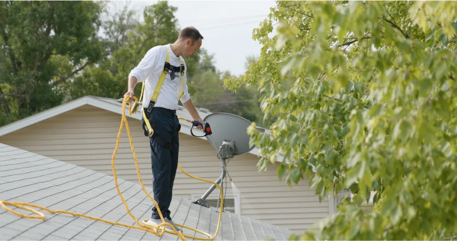 Worker in a safety harness spraying treatment on a roof