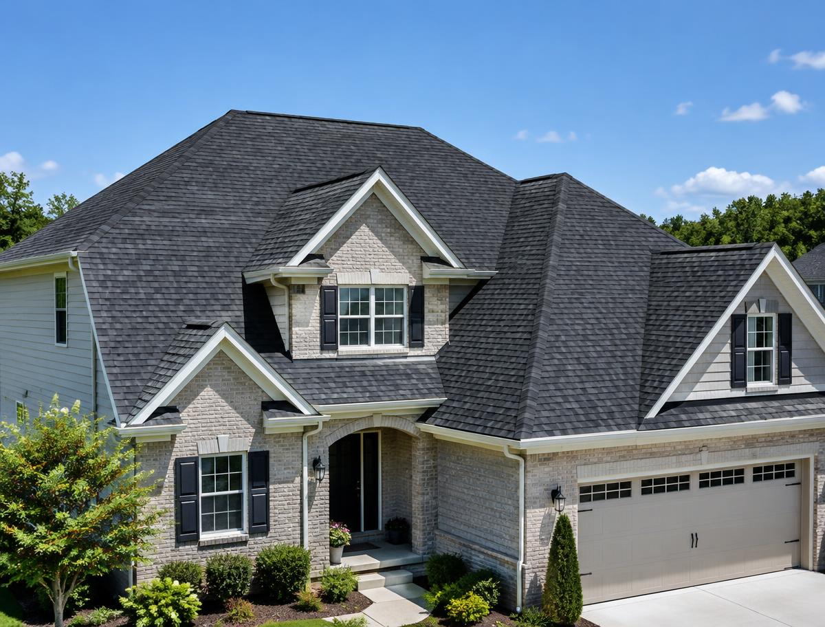 A home with a new dark shingle roof